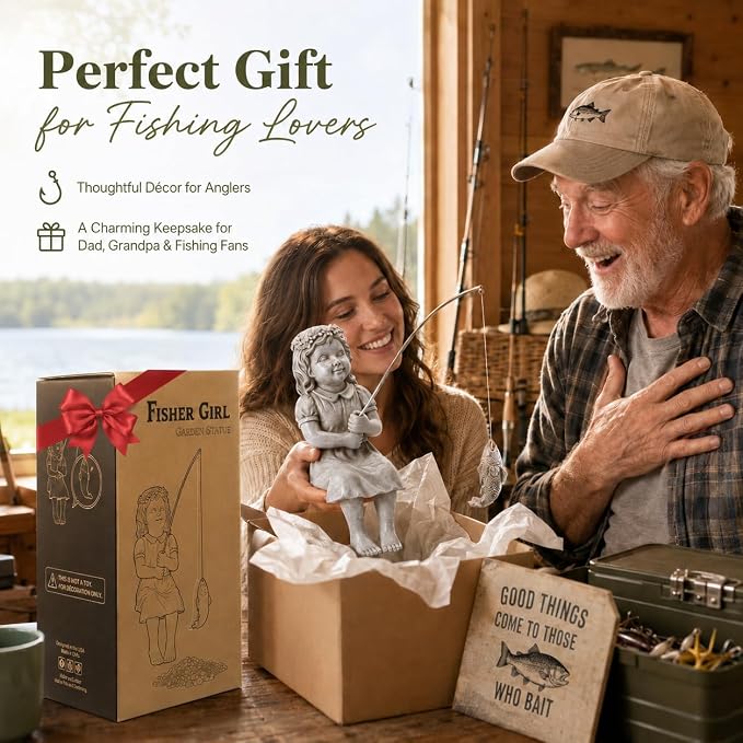 Goodeco Fishergirl Statue Garden Decor - 11" Little Fishing Guy for Koi Pond or Waterfalls, Poolside Statue with Glow in Dark Pebbles Included, Great Gifts for Mom, Women or Birthdays, Gift Ideas
