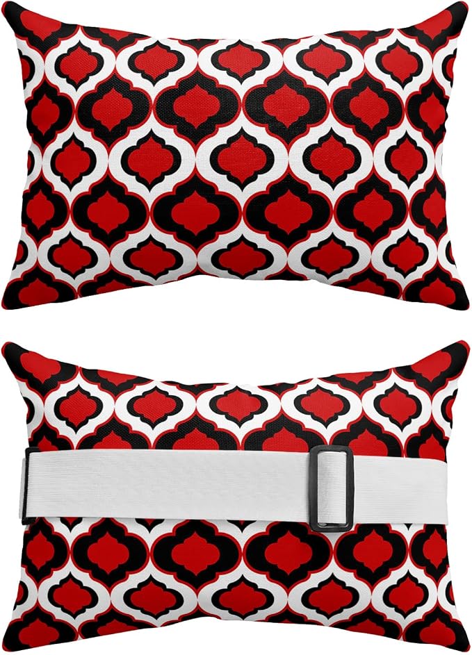 Outdoor Pillows Covers with Inserts Red and Black Moroccan Pattern Geometric Waterproof Recliner Pillow with Adjustable Strap Throw Pillows for Patio Furniture Pool Lounge Chair, 11x16 inch, 1PCS
