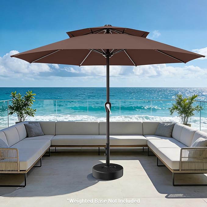 AreShark 12ft 2 Tiers Patio Umbrella - Outdoor Umbrella Waterproof UV Protection, Market Table Umbrella w/ 8 Sturdy Ribs&Crank for Pool, Porch, Garden(Dark Brown)