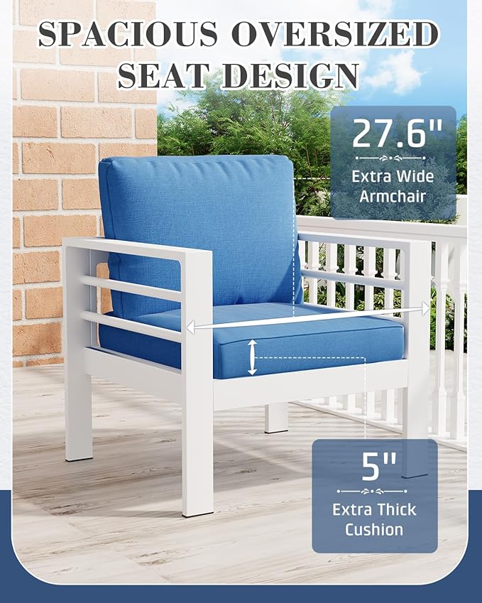 AECOJOY Aluminum Patio Furniture Loveseat, Modern Outdoor Furniture with Washable 5 inch Thick Cushion, Blue Cushion