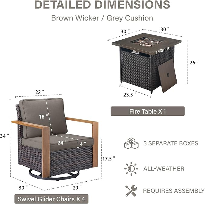 Belord Social 5 Pieces Patio Furniture Set - Swivel Rocker Glider Outdoor Chairs Set of 4 with 50000BTU Propane Fire Pit Table, Durable Wicker Outdoor Conversation Set for Casual Gathering