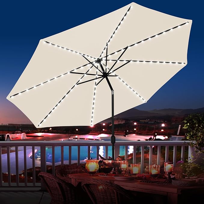 Sundale Outdoor Solar 104 LED 11 ft Patio Umbrella with Sand Bag Umbrella Base, Outdoor Umbrella with Tilt and Crank, Beige