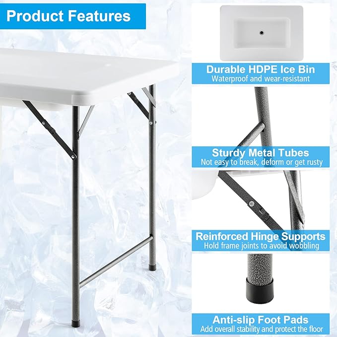 S AFSTAR 4 Foot Folding Ice Table, Buffet Salad Serving Table with Removable Skirt, Drain System & 8" Spacious Edge, Portable Beverage Cooler for Party Camping Picnic Wedding