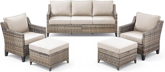 5 Pieces Outdoor Furniture-High Back Outdoor Wicker Couch Patio Chairs Set of 2 with Comfy Cushions Ottomans Patio Furniture Set for Backyard Porch Garden Deck Grey/Beige