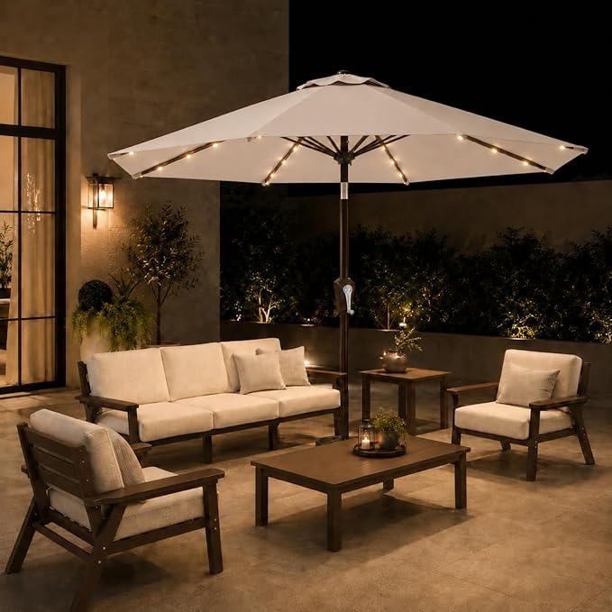 11FT Solar Patio Umbrella with Lights, Outdoor Table Market Umbrella with 32 LED Lights, 8 Sturdy Ribs, Smooth Crank Lift for Pool, Deck and Garden, UV-Resistant