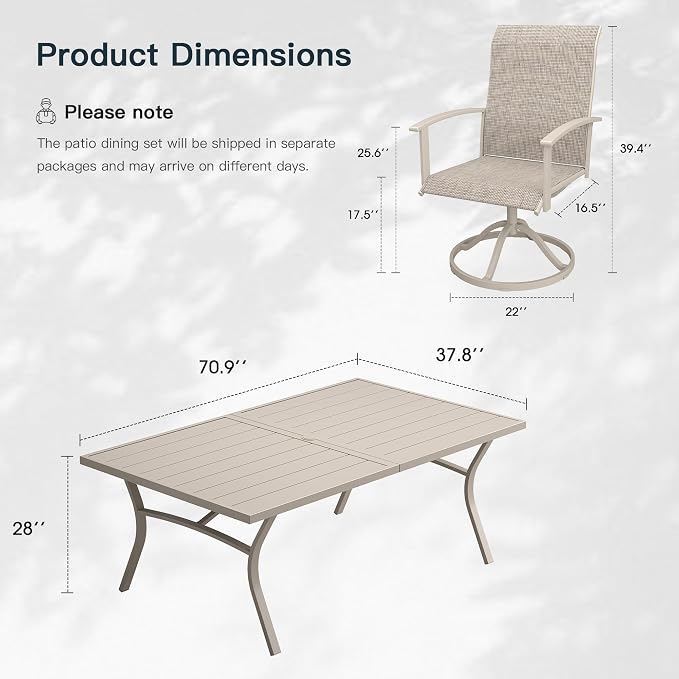 VICLLAX 9 Pieces Patio Outdoor Dining Set, 8 Swivel Textilene Chairs and 70" Rectangular Metal Table with Umbrella Hole for Porch, Deck, Garden, Sandshell