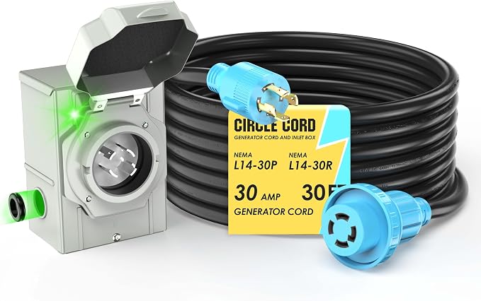 CircleCord 4 Prong 30 Feet 30 Amp Generator Extension Cord and Inlet Box with Locking Connector, Heavy Duty NEMA L14-30P/L14-30R, 125/250V 7500W 10 Gauge SJTW Generator to House Power Cord