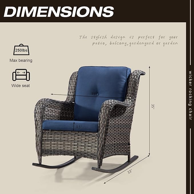 Outdoor Wicker Patio Rocking Chair - All-Weather Lawn Rocking Wicker Furniture with Alloy Steel Frame & Olefin Fabric Cushion, Blue
