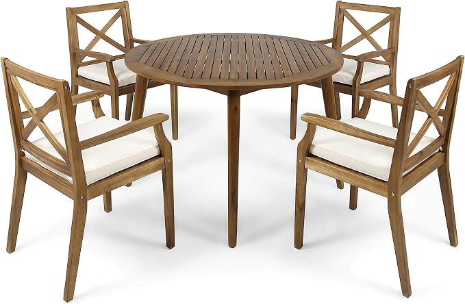 Christopher Knight Home Pines Outdoor 5 Piece Acacia Wood Dining Set with Cushions, Teak Finish and Cream