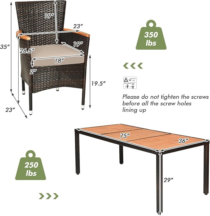 Tangkula 9 Piece Outdoor Dining Set, Garden Patio Wicker Set w/Cushions, Furniture with Acacia Wood Table and Stackable Armrest Chairs