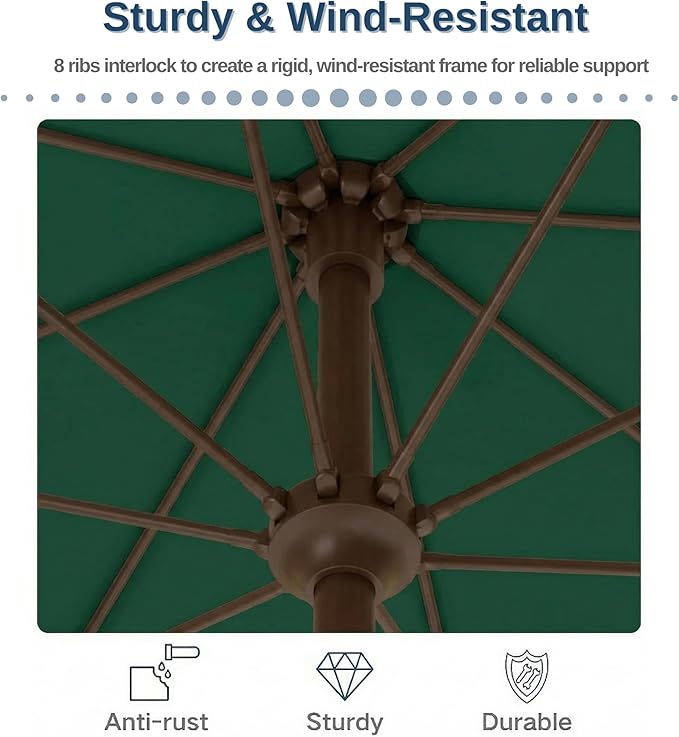 PatioKingdom 9FT Patio Outdoor Umbrella-UPF 50+ Sun Shade with Wind Vent, Push-Button Tilt & Smooth Crank Lift, Rust-Resistant Fiberglass Frame for Garden, Backyard,Yard (Dark Green)