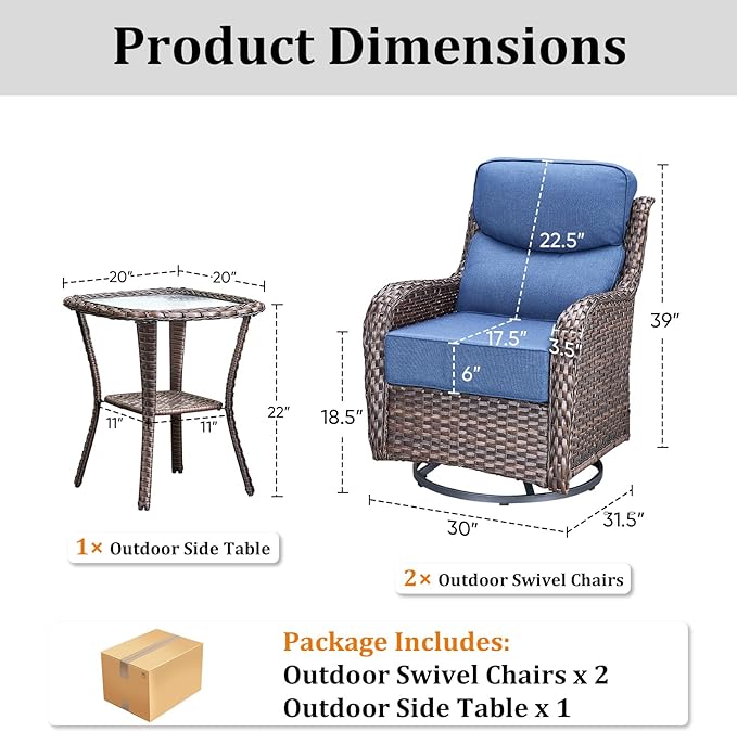 Luxury Outdoor Swivel Rocker Patio Chairs Set of 3, High Back Swivel Patio Chairs with Side Table & 6-Inch Thick Cushions, Wicker Outdoor Bistro Set for Porch, Yard, Deck, Poolside, Brown/Blue