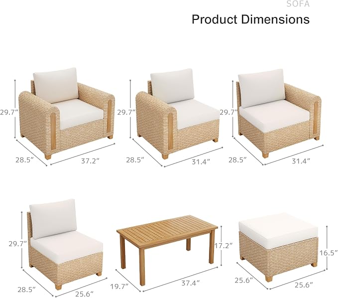 SUNSITT 7-Piece Patio Furniture Set, Outdoor Wicker Modular Sectional with Acacia Wood Accents, 5.9" Wide Armrests, Ottomans & Coffee Table for Backyard Porch