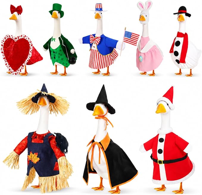 FuWeave 8 Set Holiday Porch Goose Outfits 23'' Goose Clothes Summer Fall Halloween Christmas Winter Thanksgiving Valentine St. Patrick Easter 4th of July Lawn Porch Geese Costume for Patio Yard Decor
