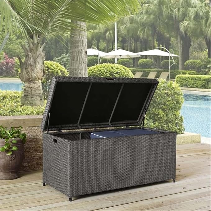 Pemberly Row Coastal Wicker/Rattan Patio Deck Box, Weathered Gray Finish, 52 in Wide, Durable Steel Frame with Resin Wicker, Oversize Outdoor Storage Chest for Cushions and Garden Essentials