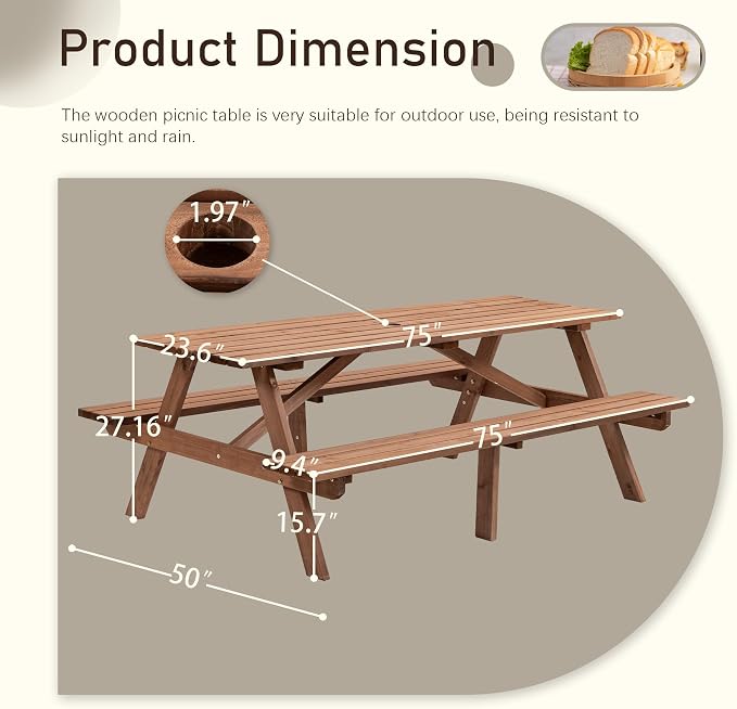 Picnic Table with Bench for 8 Person Outdoor Wooden Rectangle Table for Patio Garden Backyard Large Outside Dining Table Set with Umbrella Hole 6.26FT Brown