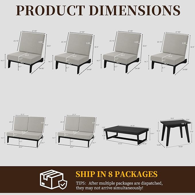 UIXE 8 Pieces All Weather Black Wood Patio Furniture Sets, 2 Patio Loveseat, 4 Patio Bistro Chair, Outdoor Sectional Sofa Furniture Backyard Conversation Set with Coffee Table - Light Camel