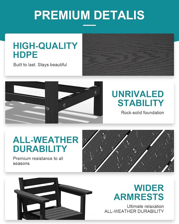PLUUV 66" Outdoor Dining Table, All-Weather HDPE Rectangular Patio Table with 2” Umbrella Hole, Weatherproof, Black