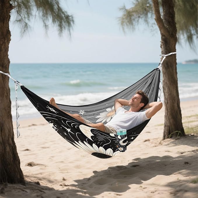 Qilmy White Sun Flower Camping Hammock Single – 330 lbs Capacity, Lightweight with Tree Straps & Carabiners, Portable for Hiking, Travel, Backpacking