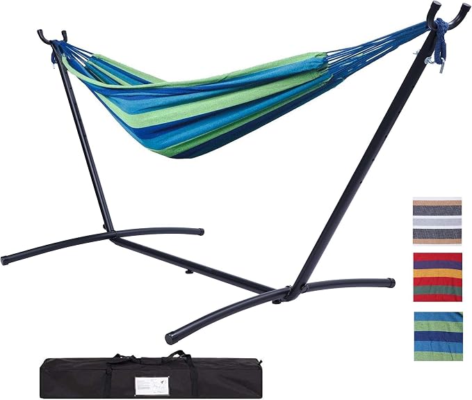Double Classic Hammock with Stand for 2 Person- Indoor or Outdoor Use-with Carrying Pouch-Powder-Coated Steel Frame - Durable 450 Pound Capacity，Brown/Gray Striped (Blue and Green)
