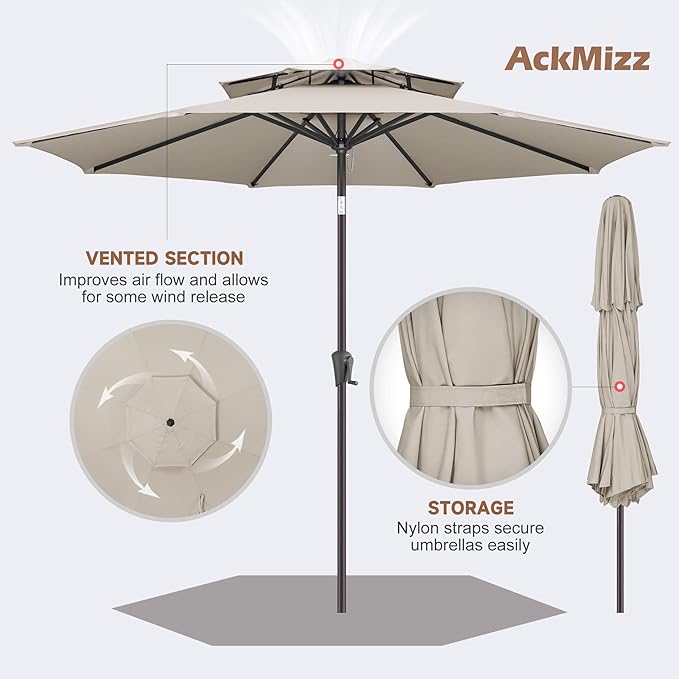 9ft Outdoor Patio Umbrella - 2-Tier Table Umbrella Waterproof UV Protection, Sombrillas de Patio with Push Button Tilt, Sun Umbrella for Pool, Porch, Garden, Backyard (Taupe)