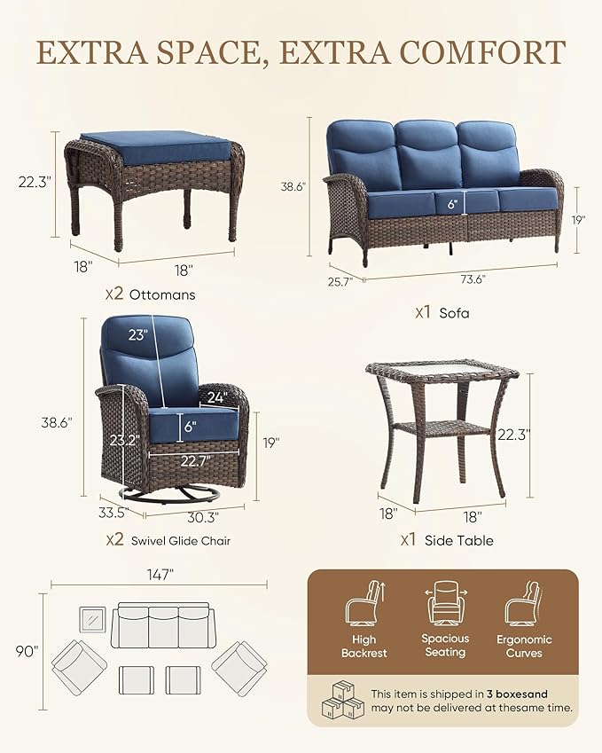 Belord Upgraded 6“ Cushion Luxury 6 Piece Patio Furniture Set - Wicker Couch Outdoor Conversation Set with Swivel Rocker Patio Chairs, Deep Seat Glider Chairs Set for Deck Porch - Brown/Blue