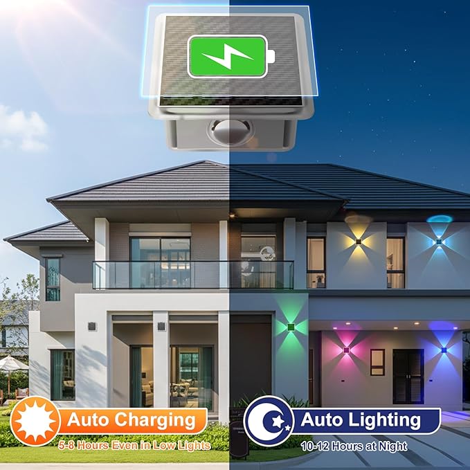 AUDLES Solar Fence Lights Outdoor, New 4-Way Lighting Fence Lights Solar Powered with 8 Modes Warm White/RGB, IP65 Waterproof Solar Wall Light for Backyard Wall Pathway Deck Patio Decor - 12 Pack