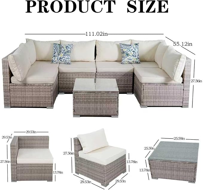 7 Piece Patio Furniture Sets, Rattan Conversation Sectional Set with Glass Table Outdoor Patio Sofa with Thick, Washable Cushions, for the Backyard, Poolside, Garden (Gray-Beige)