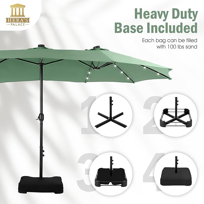 HERA'S PALACE 15ft Patio Umbrella with Base Included Double Sided Outdoor Umbrella for Patio Table Umbrella Outdoor 36 LED Solar Lights for Garden