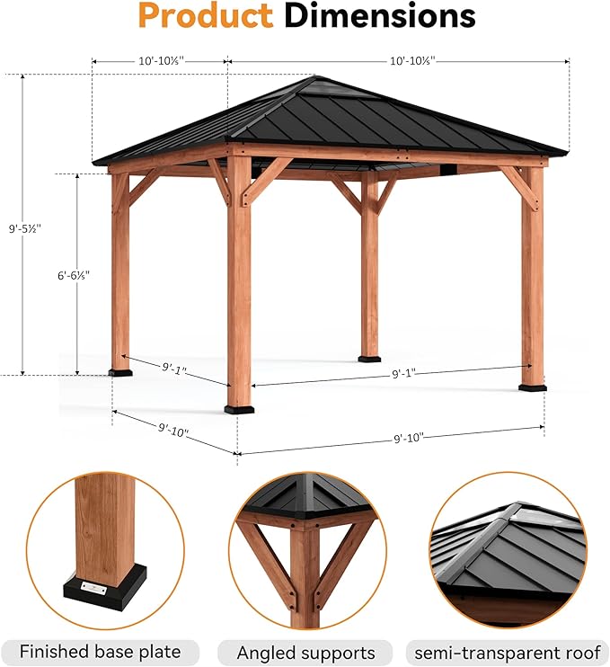 Modern Shade Tranquil Grove Wood Gazebo 11' x 11', Permanent Hardtop Gazebo with Galvanized Steel Roof, Mosquito Netting and Curtains, Cedar Outdoor Gazebo with Sturdy Hooks for Backyard