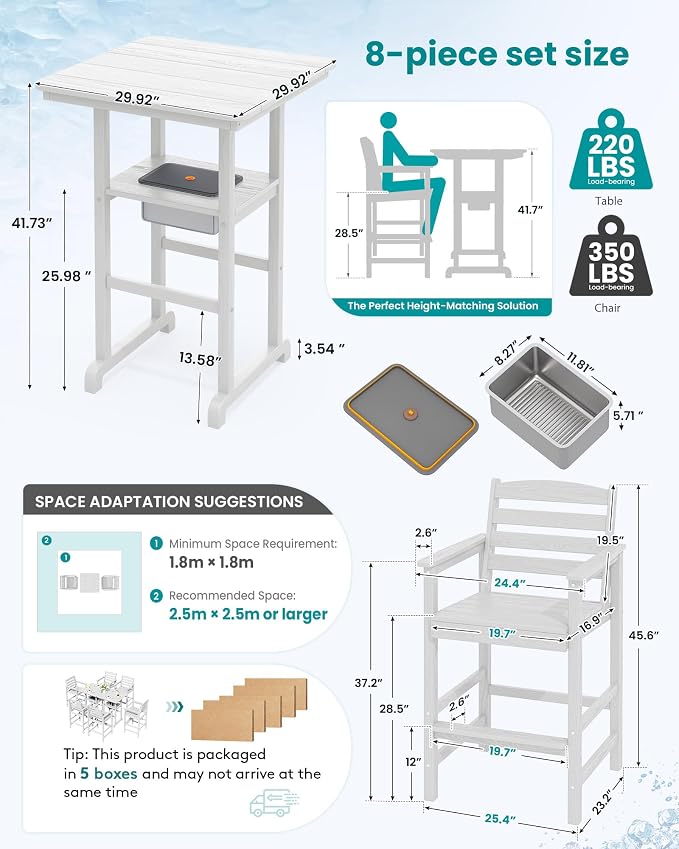 SERWALL Adirondack Bar Chairs and Table 8 Pieces Set, HDPE Bar Height Chairs Set of 2 and Bar Table with Ice Bucket, Outdoor Bar Stools Set for Dining, Balcony, Poolside, Backyard, White