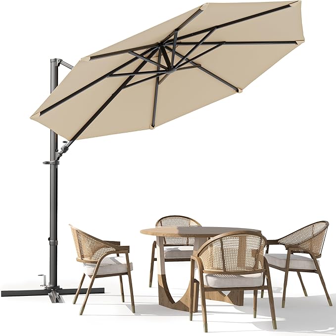Greesum 10FT Outdoor Patio Umbrella with High Pedel and 4 Gear Heights, Large Offset Market Umbrella with 360-degree Rotation, Without Base, Hanging Outdoor Shade for Garden, Lawn, Pool, Beige
