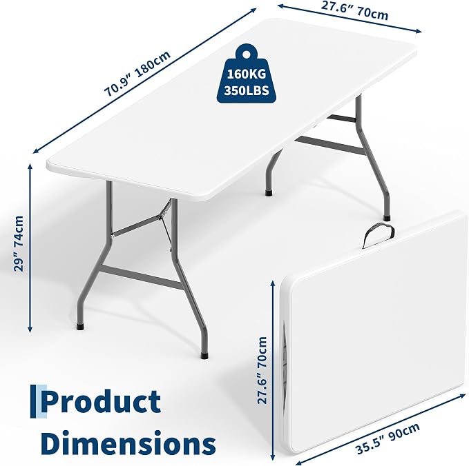 Garvee 6FT Portable Folding Table, HDPE Plastic Foldable Table with Carry Handle for Camping, Parties, Picnic & Events Indoor Outdoor，White