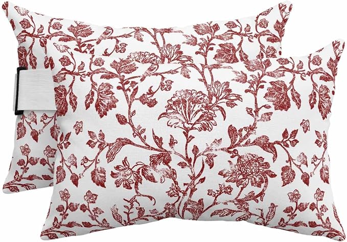 Pack of 2 Outdoor Lumbar Pillow Covers 11x16 Inch, Red Boho Flower Waterproof Throw Pillow Covers Set, Vintage Paisley Farmhouse Pattern Indoor&Outdoor Decorative Cushion Cases for Patio Porch Beach