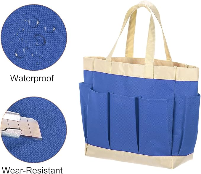 HARFINGTON Garden Tool Bag 11.22" x 5.12" x 11.02" Large Oxford Bag with Pockets Garden Tote Bag Gardening Plant Tool Organizer Storage Carrier Store for Outdoor Women Men, Sky Blue