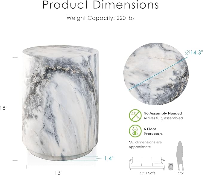 24/7 Shop at Home Ranera Modern 14-inch Natural Stone Side Table with Round Drum Base, Marble Nightstand, Patio End Table, for Living Room, Covered Outdoor Spaces, Balcony, Blue Gray Marble