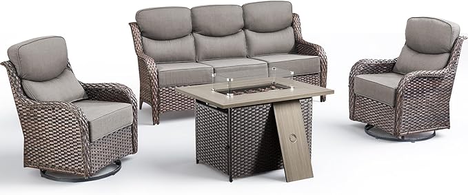 Luxury Patio Furniture Set with Fire Pit Table-4 Pieces High Back Wicker Swivel Rocker Chairs with 6" Extra Thick Cushions, Outdoor Patio Conversation Sets for Porch Deck Backyard(Brown/Grey)