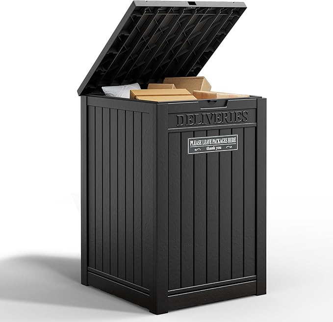 Package Delivery Box for Outside With Sign, Lockable Outdoor Storage Box Waterproof Deck Box, Large Double Wall Resin Parcel Drop Boxes, 48 Gallon, Black