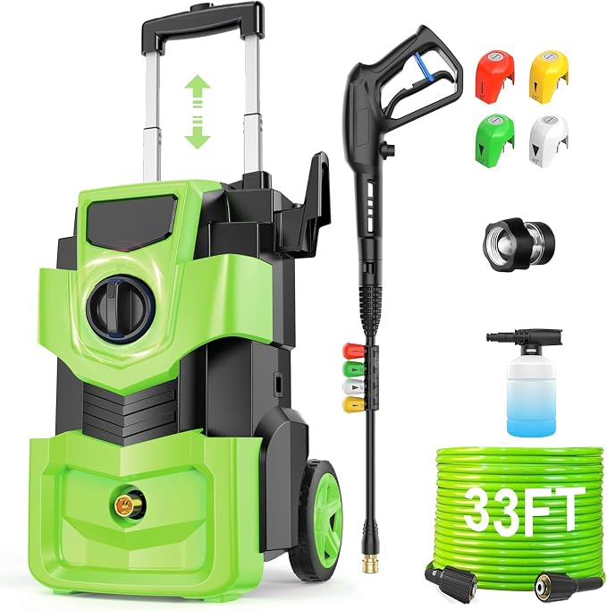 Pressure Washer 5000 PSI Adjustable Pressure, Power Washer Powered with 33ft Pressure Hose, 4 Nozzles and 500ml Foam Cannon, Powerwashers for Home, Green