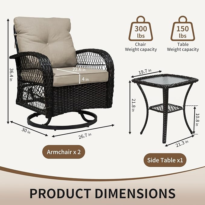 SHGJ&SOFT 3 Piece Patio Furniture Set, 2 Outdoor Swivel Rocking Chairs with Side Table, Wicker Glider Chairs, All-Weather Rattan Bistro Set for Porch, Deck, Pool (Khaki, Brown Open-Weave Rattan)