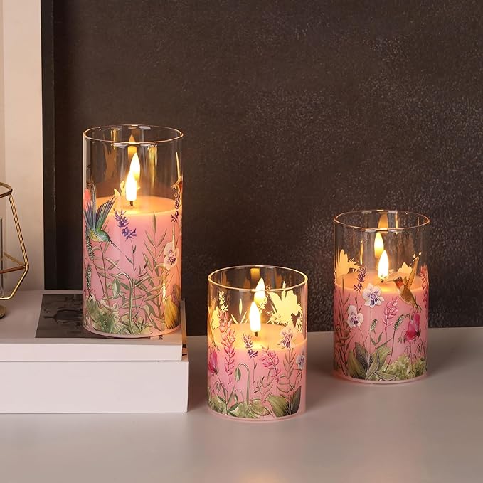 Pink Hummingbird Glass Flameless Candles with Remote, Flickering LED Pillar Candles Battery Operated Set of 3, Spring Home Shelf Decor
