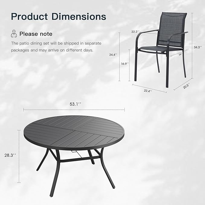 VICLLAX 9 Pieces Patio Outdoor Dining Set, 53" Round Metal Table with Umbrella Hole and 8 Stackable Textilene Chairs for Patio, Lawn, Garden, Porch, Black/Grey