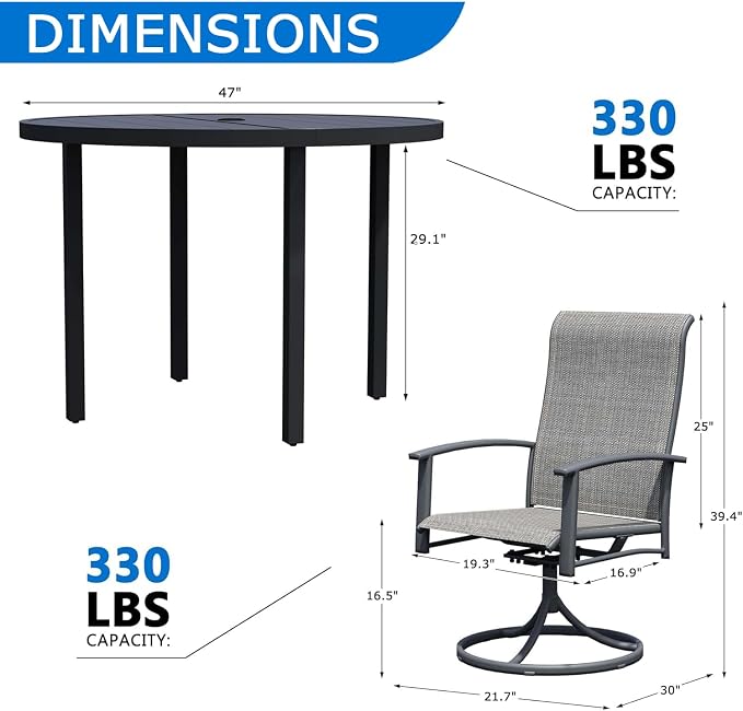 9-Piece Outdoor Dining Set for 8 – 60" Black Round Patio Table with Umbrella Hole & 8 Grey Outdoor Dining Chairs with Armrests, Large Poolside Furniture