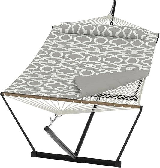 Double Hammocks with Stand for Outside, Heavy Duty Portable Outdoor Hammock with Soft Pillow & Paded, 450 LBS Weight Capacity, Perfect for Outdoor Indoor Patio Backyard Garden
