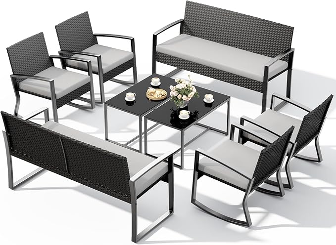 Ahomly 8 Piece Outdoor Patio Furniture Set, Outdoor Wicker Patio Furniture with Glass Coffee Table, Modern Rattan Rocking Chairs Conversation Set, for Porch, Garden, Lawn,Grey Cushion