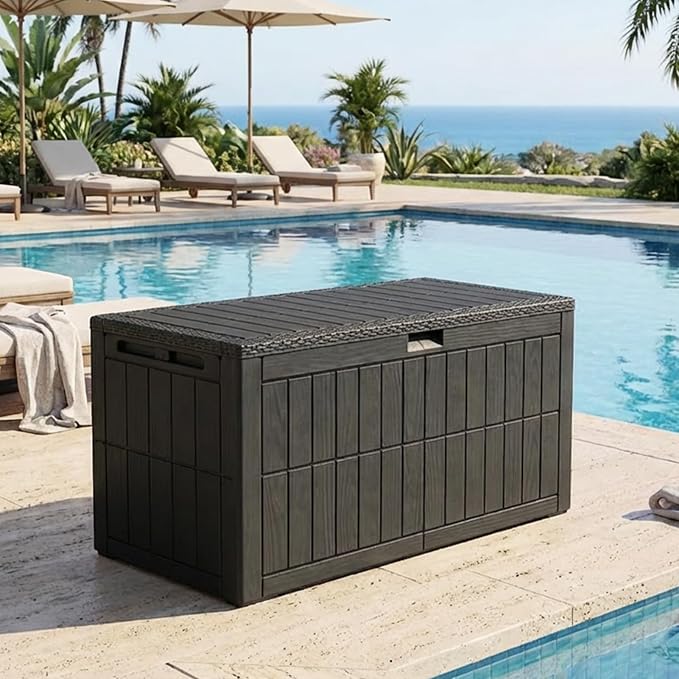 Outdoor Storage Box, Lockable Deck Box, 100 Gallon Resin Storage Bin for Patio Furniture and Garden Tools