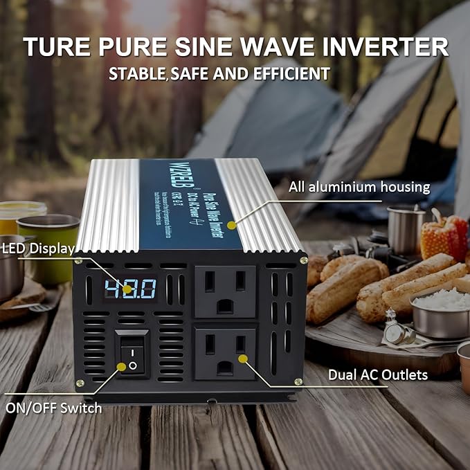 WZRELB 600W Pure Sine Wave Inverter 24V DC to 110V 120V AC Power Converter with LED Display, Remote Controller, Off-Grid Power Inverter 1200W Surge for Home, RV, Truck, Camping