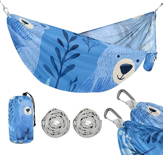 Cartoon Cute Blue Bear 330lb Capacity Camping Hammocks with Portabl Carry Bag Hanging Hammock for Outside Camping Essentials Base de hamaca para adultos