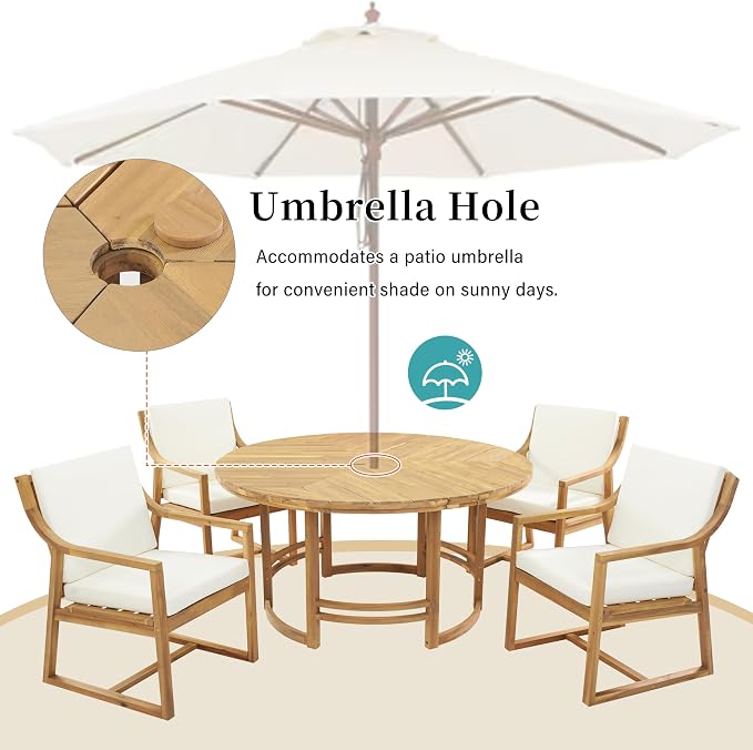WILLIAMSPACE 5-Piece Acacia Wood Round Outdoor Patio Dining Set with 4 Chair, Light Teak