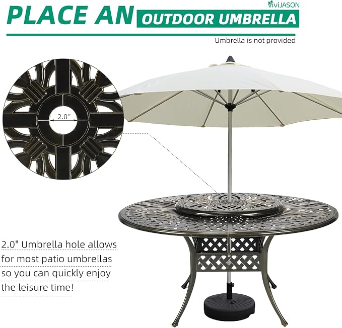 VIVIJASON Outdoor 61" Patio Dining Table for 6-8 Person, Large Patio Round Dining Table with Lazy Susan, Dark Bronze Cast Aluminum Rustic Patio Table with 2" Umbrella Hole for Balcony, Porch and Deck